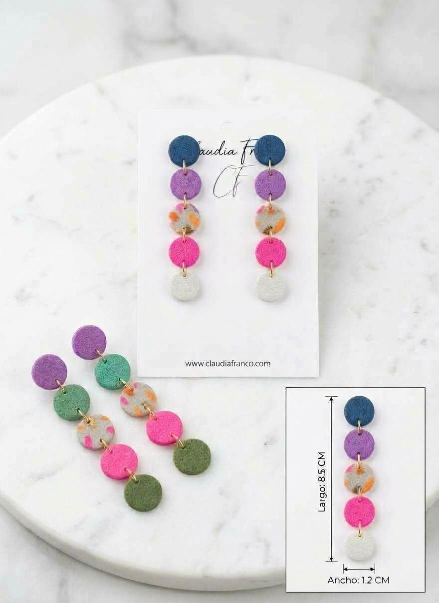 Aretes largos Arcoíris de cinco círculos de arcilla polimérica de colores, 8,5 cm de largo