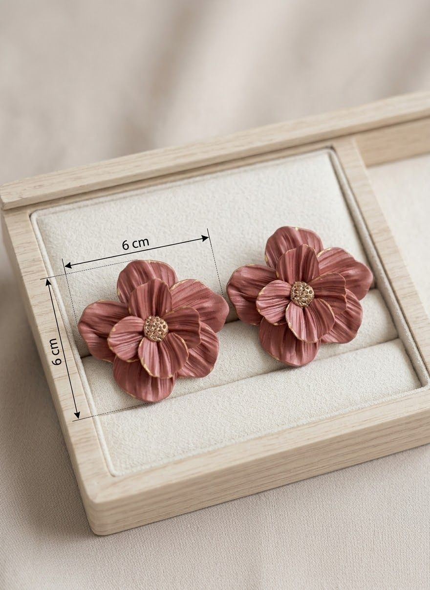 Aretes de flor Aura Floral color rosa palo en arcilla polimérica, 6 cm de ancho, en una bandeja de madera