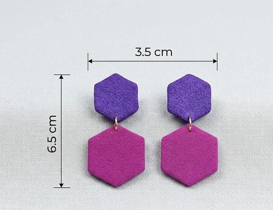 Aretes de dos hexágonos de arcilla polimérica, morado arriba y fucsia abajo, 6,5 cm de largo