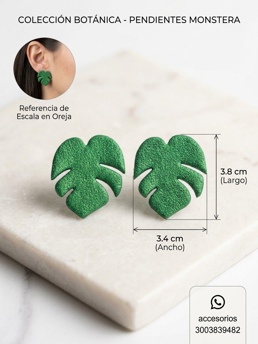 Aretes de topo de hoja monstera verde en arcilla polimérica, 3,8 cm de largo, con referencia de tamaño en la oreja