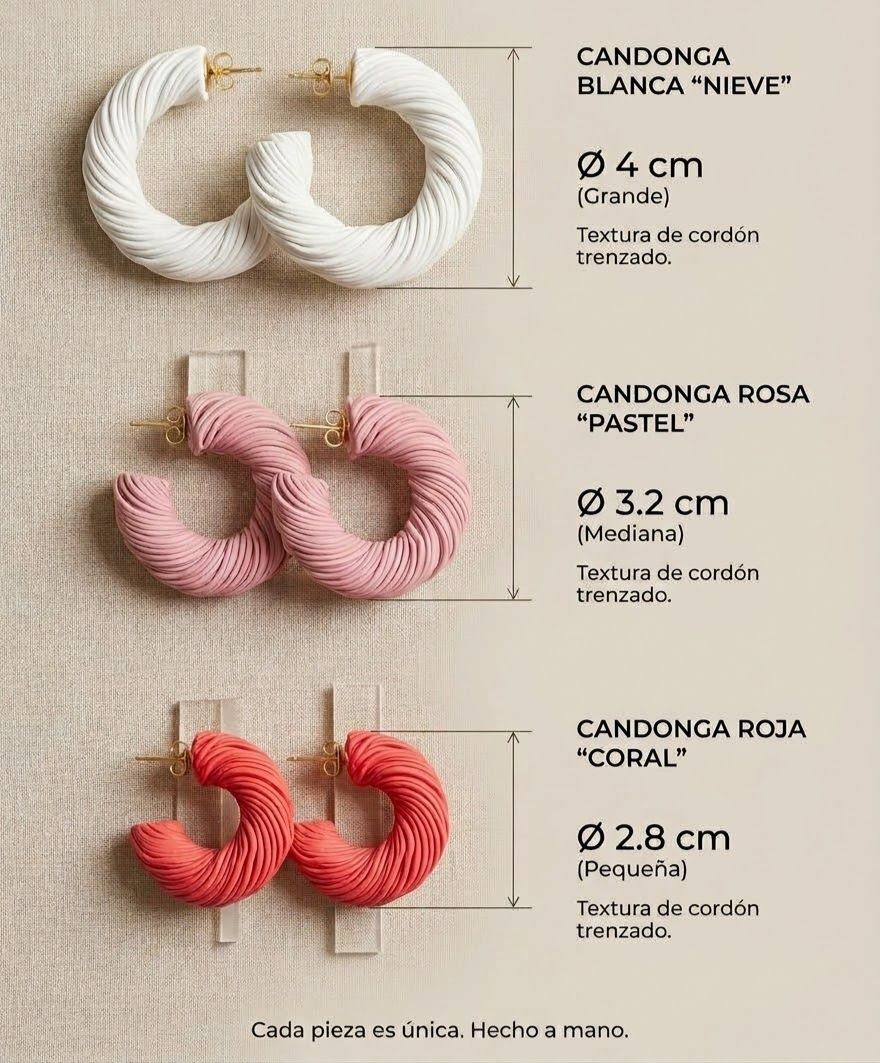 Candongas de arcilla polimérica con textura de cordón trenzado: blanca Nieve de 4 cm, rosa Pastel de 3,2 cm y roja Coral de 2,8 cm